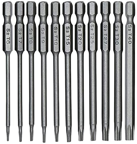 TUAKIMCE 75mm Torx Screwdriver Bits, 11PCS 1/4 inch Hex Shank T6-T40 S2 Steel Magnetic Star Torx Security Head Screwdriver Bits Set for Electric Manual Screwdrivers