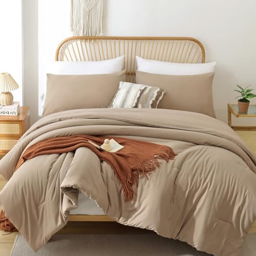 ROSGONIA Taupe Bettdecken-Set Queen-Size-Bett,3-teilig (1 Bettdecke und 2 Kissenbezüge) Bauernhaus-Queen-Bettwäsche-Set für Damen und Mädchen, weiche, warme Mikrofaser-Bettdecke für alle Jahreszeiten