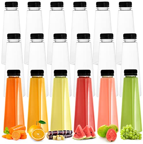 Elsjoy 18 Stück Kunststoff Saftflasche, 350ml Transparente Getränkeflasche mit schwarzen, Manipulationssicheren Kappen, Wiederverwendbare Getränkebehälter, Tragbare Wasserflasche für Smoothies, Milch