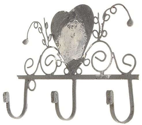 MACOSA SA39146 Hakenleiste Herz 3 Haken vintage Antik-Grau Metall Dekohaken Schlüssel-Haken Shabby Chic Wandhaken Kleiderhaken Wand-Dekoration Küchenhaken