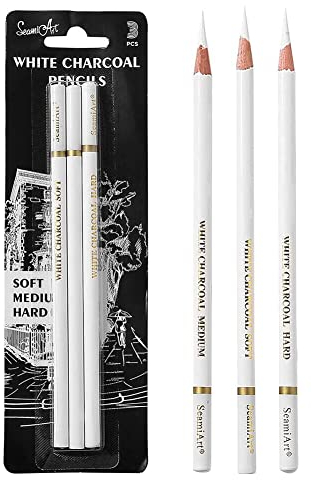 Skizzieren Highlight Pen, Weiß Kohle Bleistift, Weiß Bleistift Set, Ungiftig Zeichenstifte Werkzeuge für Fine Art Supplies, Weich/Mittel/Hart, 3 Stück