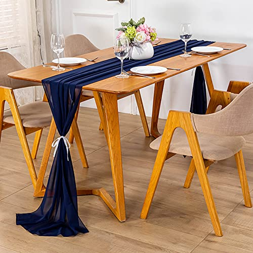 Swsen Chiffon Tischläufer Dunkelblau 300 x 30 cm, Hochzeit Tischläufer Waschbar - Romantischer Hochzeitsläufer für Hochzeit, Geburtstag, Brautdusche, Babyparty, Tischdekoration