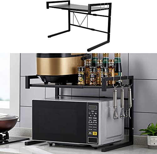 MINGYI Étagères Télescopique Cuisine, Étagère Rangement Cuisine avec 3 Crochets, Longueur Réglable (40-65) cm, Support de Four à Micro-ondes, Étagères à Épices, Noir (40-65)×36,5×42 cm