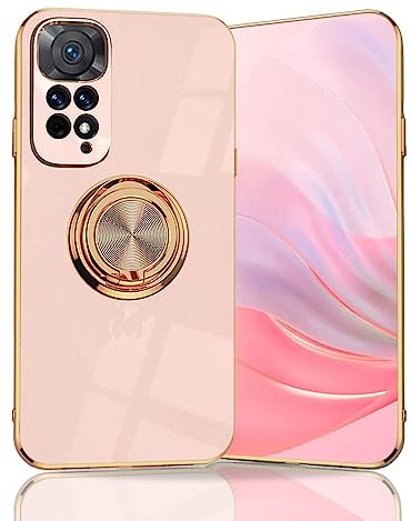 BORYA Ultra Dünn Hülle für Xiaomi Redmi Note 11S 4G/ Redmi Note 11, Stoßfest Handyhülle, TPU Bumper Weiches Silikon Schutzhülle mit Galvanisieren Goldkante 360°Ring Ständer, Pink