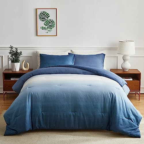 OLDBIAO Bettdecke 240 x 220 cm + 2 Kissenbezüge 80 x 80 cm 3 Teilig mit Weiß - Blau Farbverluaf Design, Weich Mikrofaser Ganzjahresdecke Steppdecke Atmungsaktiv Kuschelig Schlafdecke Waschbar