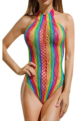 MINGSEECESS Womens Sexy Rainbow Striped Mesh See Through Bodysuit Swimwear Bikini Cover Ups Swimsuit Rave Festivals Outfits