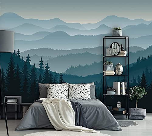 3D Blaue Berge Kiefernwald Bäume Berge Großes Aufkleber-Wandbild, Abnehmbares Wandbild | Selbstklebende Tapete 3D Wandbild Für Kinderzimmer Esszimmer Schlafzimmer Wohnzi 140 (Breite) x 70 (Höhe) cm