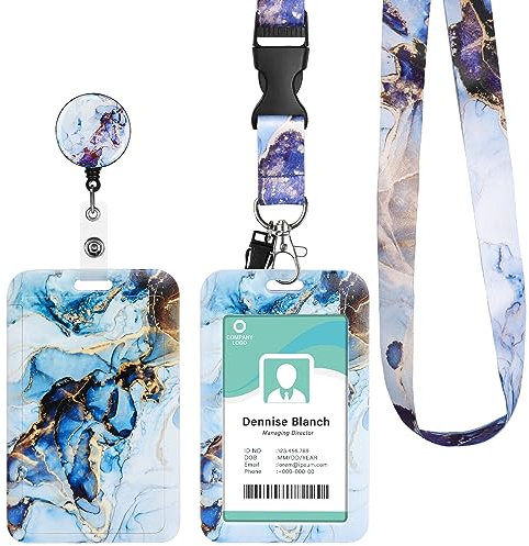 Porte Badge avec Cordon Tour de Cou Porte-cartes Swivel Lobster Clasp avec Lanières Rétractables pour Porte Badges d'Identification Clés Caméra Téléphone Portable (Marbre bleu)