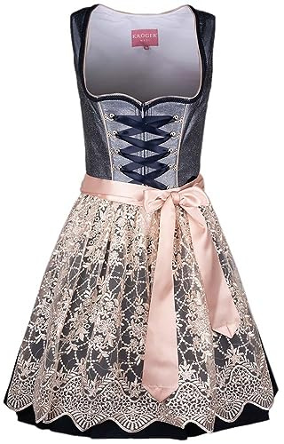 Krüger Dirndl Koko Damen | Herzausschnitt Spitzenschürze |Marine blau rosa | 50cm Rocklänge Gr 38