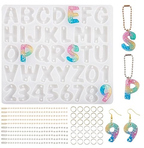 Beadthoven Moules en silicone pour connecteurs lettres et chiffres A ~ Z et 0 ~ 9 en résine époxy avec chaînes à billes et anneaux ouverts pour la fabrication de bijoux