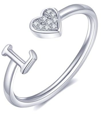 FUNEIA Herz Ring mit Buchstaben Damen Frauen Gold Silber Rosegold Verstellbarer Initiale A-Z Zirkonia Fingerring Stapelring Wasserfest Buchstabering Schmuck Mädchen Geschenkbox