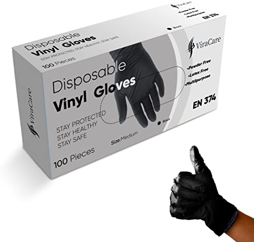200 x Black Disposable Gloves | Vinyl Gloves Disposable | Latex free Gloves | Powder Free Gloves | Black Gloves Disposable | Strong And Non-Sterile | (Medium, 2 Packs of 100)