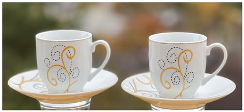 Topkapi Home - Melinda Set expresso - Décor TK-887 | 6 tasses et 6 soucoupes | - V ~ 100 ml - Hauteur : 6,4 cm - Idéal comme kit expresso, moka - Porcelaine - Pour 6 personnes