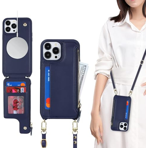 SailorTech for iPhone 12/12 Pro Case with Credit Card Holder magsafe, iPhone 12/12 Pro Phone Leather Case Wallet for Men Crossbody with mag safe Zipper Shockproof Case for Women - Blue
