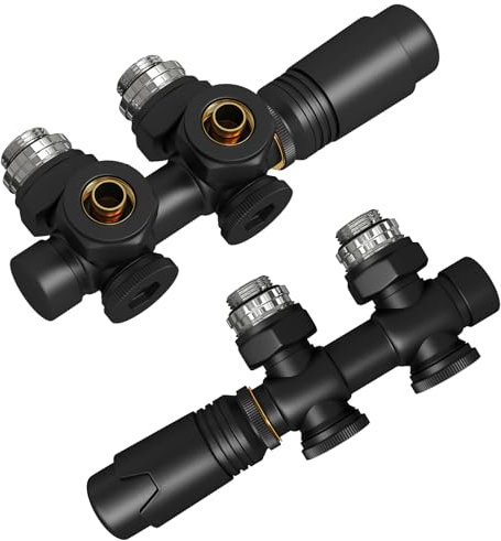 EMKE Multiblock Heizkörper Mittelanschluss, Hahnblock Heizkörper Ventil Eck- und Durchgangsform 50mm, Heizkörperventil mit thermostat für Badheizkörper Schwarz (φ16mm * G1/2, 2 Stück)