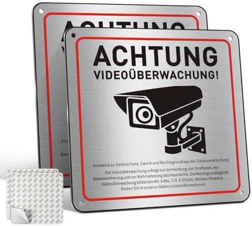 BEKOIUP Achtung Videoüberwachung Schild 2 Stück, 15x15cm Aluminium kamera überwachung, mit DSGVO Hinweis, mit Selbstklebend und 4 Bohrlöcher,für Überwachungskamera Oder Kamera Attrappe