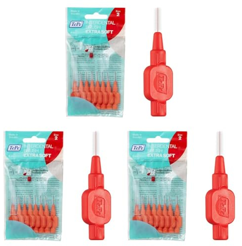 TePe Interdentalbürsten Extra Soft Rot (ISO Größe 2: 0,5 mm) / Für eine besonders sanfte & effiziente Reinigung der Zahnzwischenräume / 1 x 8 Interdentalbürsten (Packung mit 3)
