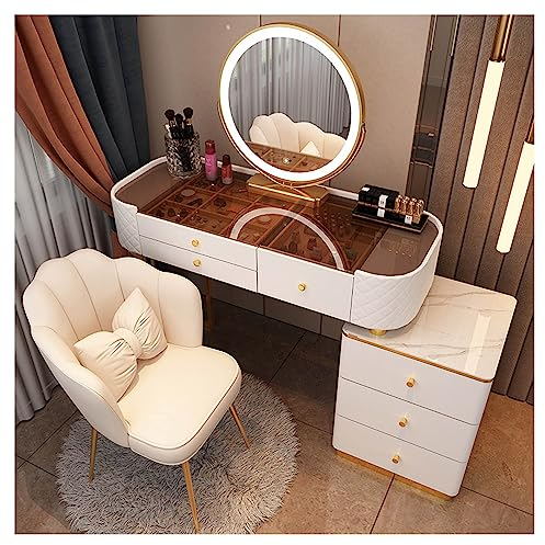 Coiffeuse，Coiffeuse avec Miroir cosmétique, éclairage, tiroirs, Plateau en Verre, Boutons dorés, Coiffeuse Blanche pour Chambre