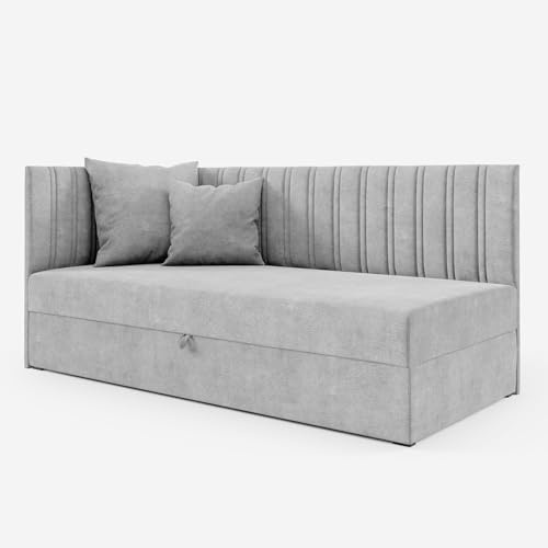 FURNISTAR Boxspringbett Blanca mit Topper und Bonellmatratze Zwei Dekokissen Inclusive Einzelbett mit Bettkasten Schlafzimmer Sofabett Polsterbett Kinderzimmer Bett Sofa Kinderbett mit Stauraum