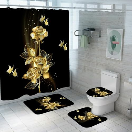 Gold Rose Black Bathroom Set Luxury Shower Curtain with Bath Mat Rug Carpet for Toilet Decor Accessories Shower Curtain Set 4pcs-4Pcs-1-W200xH180cm