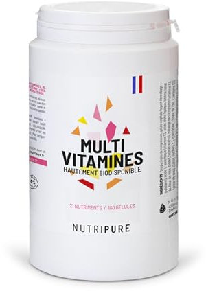 Nutripure | Multivitamines et Minéraux 21 Nutriments Essentiels | Vitamines A, C, D, B1, B2, B3, B6, B9, B12, Magnesium, Zinc | Immunité, Fatigue, Peau | 180 gélules | 3 mois | Fabriqué en France
