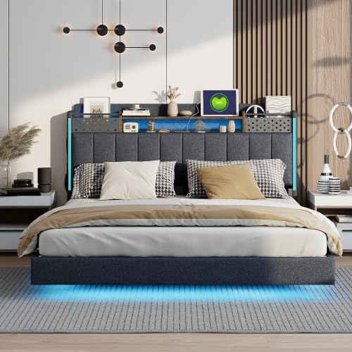 Sapgaks Gepolstertes Bett, 160 x 200 cm, Kopfteil mit Stauraum und USB-Stecker, Bett mit LED-Beleuchtung, Leinenstoff, Grau (Matratze nicht im Lieferumfang enthalten)