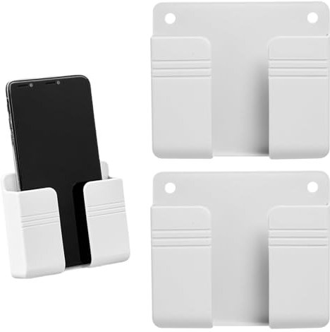 2 Pcs Wall Mount Phone Holder, Self-adhesive Mobile Phone Charger Holder, Cell Phone Adhesive Bedside Shelf Wall Mount Stand for Charger, TV Remote Holder Storage Box Universal (White)