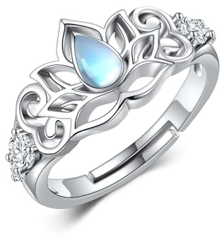 ONEFINITY Lotus Ring 925 Sterling Silber Verstellbare Ringe Mondstein Lotus Blume Schmuck Geschenke für Damen