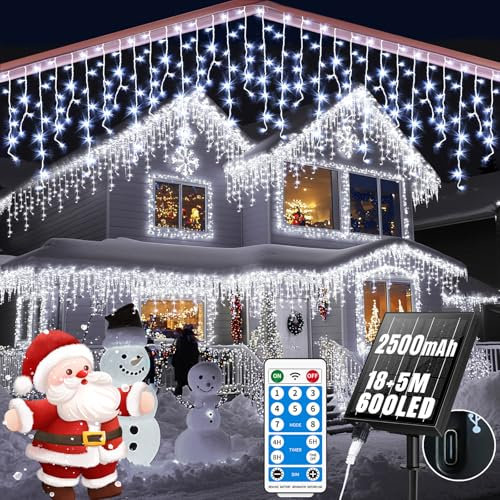 RJEDL 2500mAh Solari Luci di Natale da Esterno,18+5M 600LED Impermeabile Luci Natalizie da Cascata,Con 8 Modalità &Timer e Memoria Luci di Natale da Esterno per Balcone Finestra Casa Ringhiera