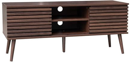 sweeek - Meuble TV scandinave avec 2 Portes décor Bois Noyer rainuré et 1 Niche Centrale avec étagère L120cm