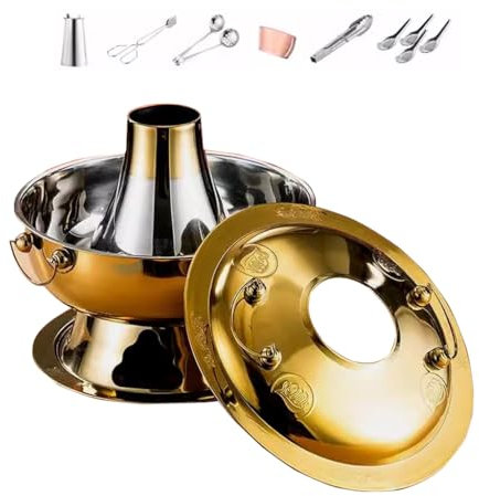 Yiustldd Mongolischer Hot Pot, klarer Suppen-Hotpot und chinesischer Holzkohle-Heiztopf sind geeignet mit Schornstein, mit Undichter Löffel und Löffel,Gold,36CM