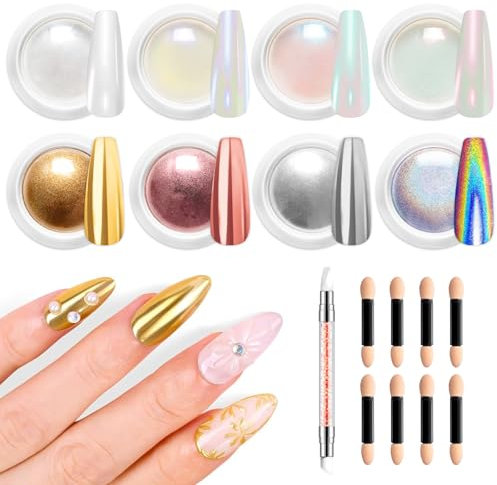 8PCS Chrome Nail Powder BISHENGYF: Super-Spiegeleffekt Roségold Chromfarbener Nagelpuder, Weiße Perlglanz Cromepulver Nägel mit 1 Silikon-Nagelbürste für Gelnägel Pigment Nägel DIY-Geschenk für Frauen