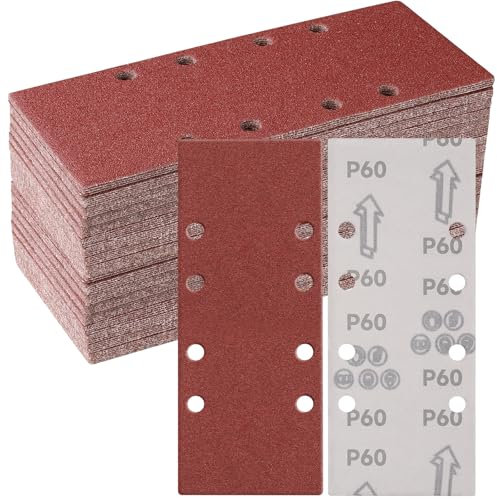 Sruhrak 50 Stück 93 x 230mm Schleifpapier Set, 60 Körnung Rechteckiges Schleifpad mit Klettverschluss 8 Löcher Schleifblatt für Rechteckschleifer Bosch-Schleifer
