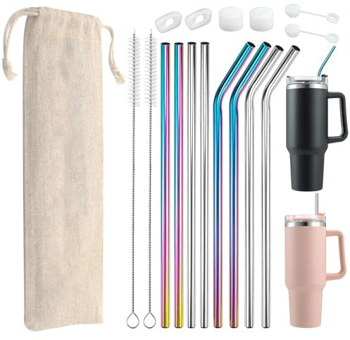 LAINIKE Pack de 8 Pajitas de Acero Inoxidable, para Stanley Cup, 31 cm de largo, para Stanley Adventure Quencher 30 oz/40 oz Cup Metal Reusable Straws with 2 Cleaning Brushes