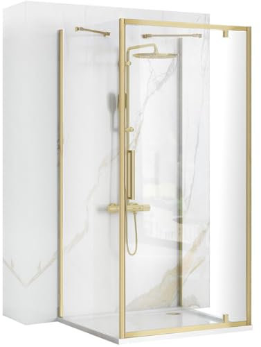Rea Box Douche d'angle Rapid Swing Or brossé 90x90 Cabine de douche sans bac à douche Verre de sécurité trempé Transparent 6mm (Or brossé) porte: 90 mur: 90 cm