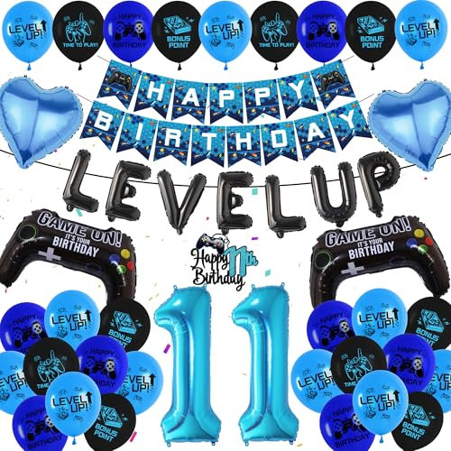 Gaming 11th Birthday Decorations Balloons - 49 Pcs Blue Happy Birthday Banner Decoration Set Level Up Latex Banners Game Controller Foil Balloon for 11 Years Old Birthday Party Supplies