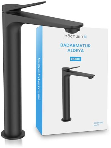 Bächlein Aldeya - Rubinetto da bagno alto dal design moderno, miscelatore monocomando extra alto per lavabo, con kit di montaggio, colore: Nero opaco