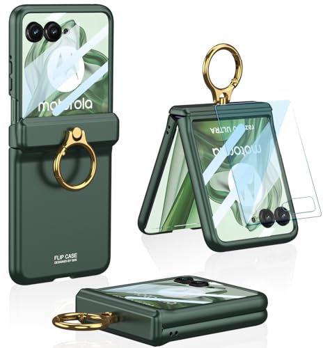SOUTEM Funda para Motorola RAZR 50 Ultra con Protector de Pantalla Frontal Soporte de Anillo y Protección de Bisagra Magnética, Carcasa Rígida de PC a Prueba de Golpes para Motorola RAZR+ 2024(Verde)