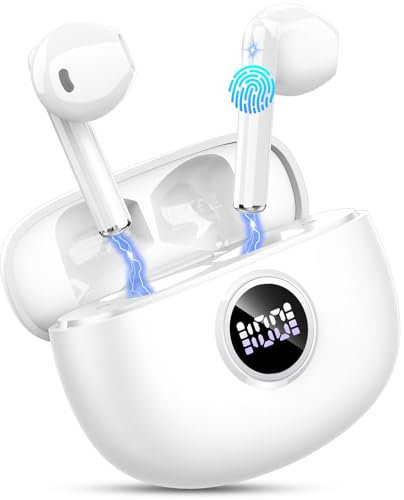 Cuffie Bluetooth, 2024 Auricolari Bluetooth 5.3 Stereo con 4 HD ENC Mic, Cuffie Wireless In Ear Cancellazione Rumore, 40 Ore Cuffie Senza Fili IP7 Impermeabile, Cuffiette Bluetooth LED Display, bianco