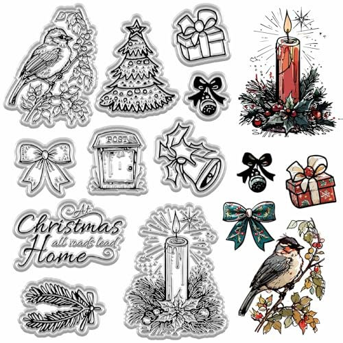 CRASPIRE Weihnachtsstempel Aus Transparentem Gummi Mit Glocke Und Kerze Geschenkbox Wiederverwendbar Transparenter Silikon Siegelstempel Für Weihnachten Winter Feiertage Geschenkdekoration DIY Basteln