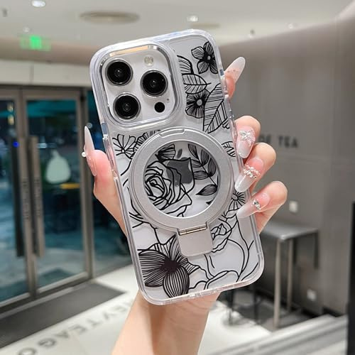 XIZYO Rose Case for iPhone 15 Pro Max with Magnetic Ring Stand, Silver | Compatible with MagSafe, Cute Aesthetic Rose Flower Floral Pattern, Clear Transparent Cover, Kickstand Function,Girly Design