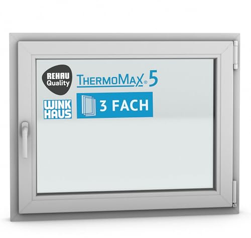 ThermoMax 5 Classic Kunststoff-Fenster, Uw-Wert 1,2, BxH: 100x80cm / 1000x800mm, DIN rechts (Griff links), mit 3-fach Wärme-Isolier-Verglasung, Winkhaus Sicherheitssystem & Rehau Profil