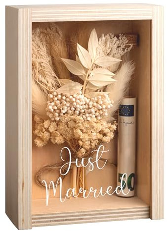 Geldgeschenk Hochzeit, Hochzeitsgeschenke für Brautpaar, Geldgeschenke für Brautpaare, Holzbox + Trockenblumen + Reagenzglas, Just Married, Verlobung, Hochzeitstag, Hochzeitsgeschenk Geld (0003)