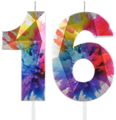 Bunte Graffiti-Kerze mit Zahl 16, 16. Geburtstag, bunte Geburtstagskerzen für Kuchen,Kuchendekoration für Jungen und Mädchen, bunte süße Party-Dekorationen für 16. Geburtstag