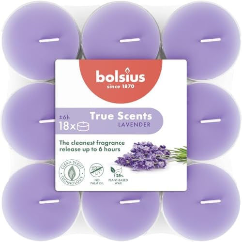Bolsius - True Scents - 18 Duft theelichter - Lavendel - Lange Brenndauer von 6 Stunden - Durchmesser 39 mm – Natürliche Extrakte – Enthält Veganes Wachs – Ohne Palmöl, Lavandel