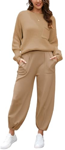amropi 2-teiliges Pullover-Set für Damen Strickpullover Oberteile und Hohe Taille Hose mit Taschen
