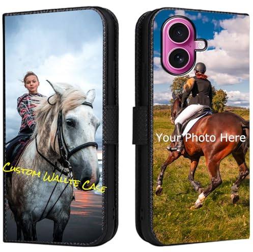 FortiCase Personalised Phone Case for iPhone 16,PU Leather Flip Cover,with Card Slots,Holder Cases,Design Your Own Photo Image,Text Personalised Case - Black-LN4