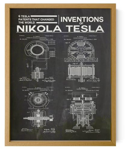 WallBUddy Nikola Tesla Patentposter | Blaupausenkunst, Bahnbrechende Erfindung | Elektromagnetischer Motor, Wechselstrom, Elektrisches Verteilungssystem, Wanddekoration | Eichenrahmen, 30,5 x 40,6 cm