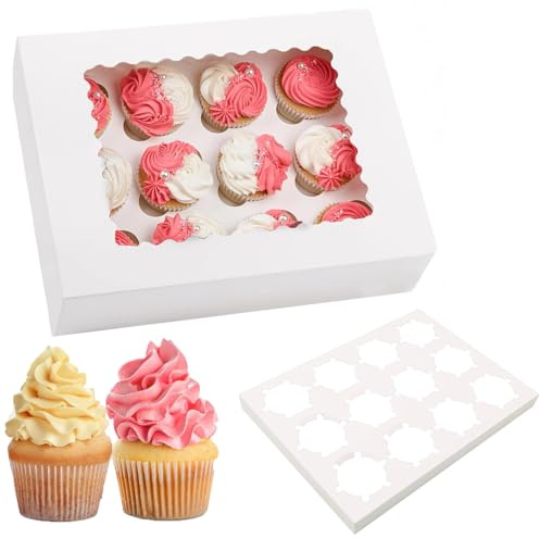 UDIHEBU 12 Hole Cupcake Boxes, 8 Pack Paper Cake Boxes with Clear Windows and Inserts Dessert Boxes for Macarons Brownies Pastry Cookies Packaging (12Hole)