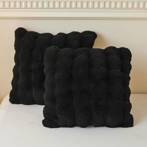 LIFEREVO Fluffy Faux Rabbit Fur Cushion Covers 45x45cm Set of 2, Black | Soft Plush Bubble Throw Pillow Covers with Zipper, Decortaive Fuzzy Shaggy Square Pillow Shams for Bedroom Living Room Office